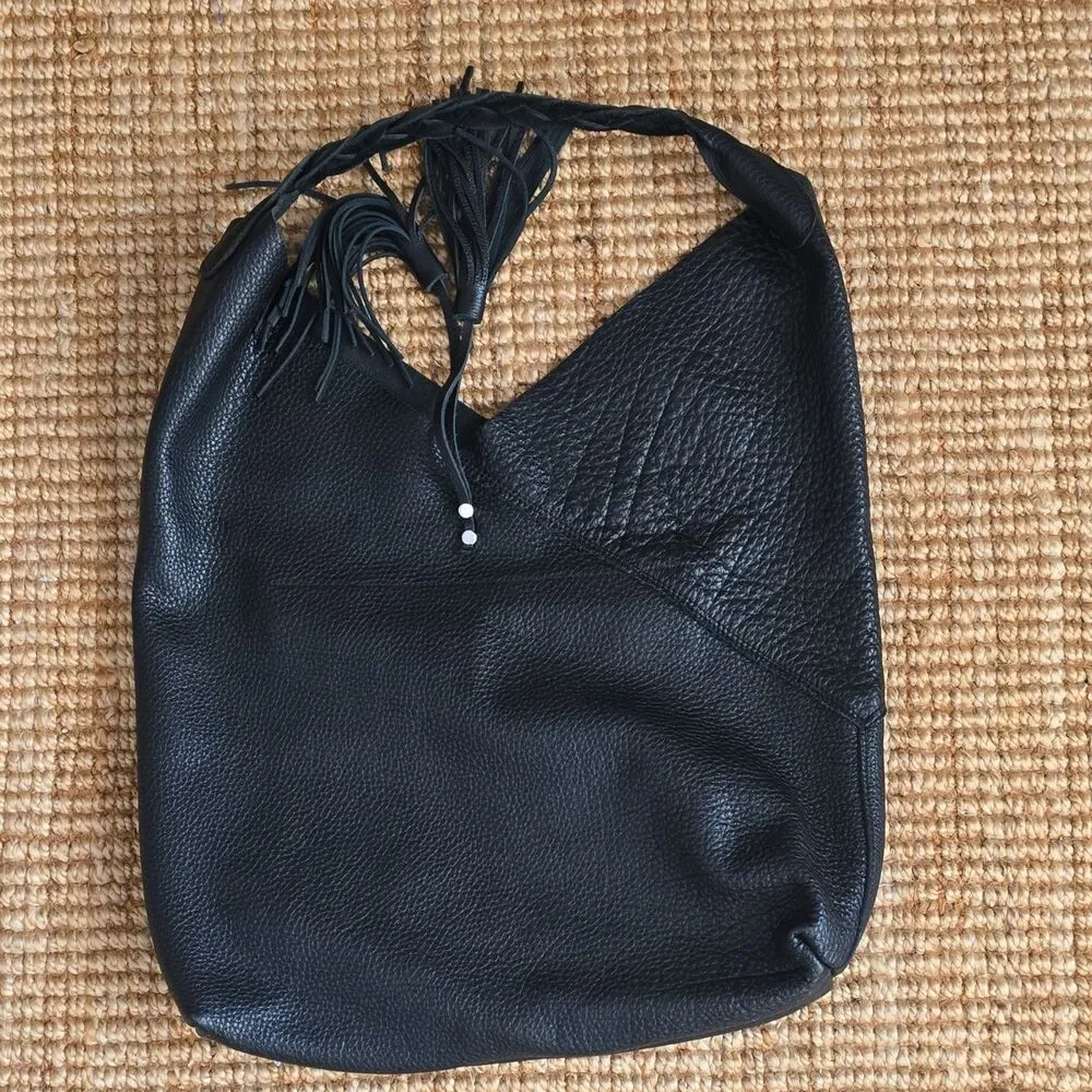 Urban Artisan Black Pebbled Hobo Bag Tassel Accent Magnetic Closure Large